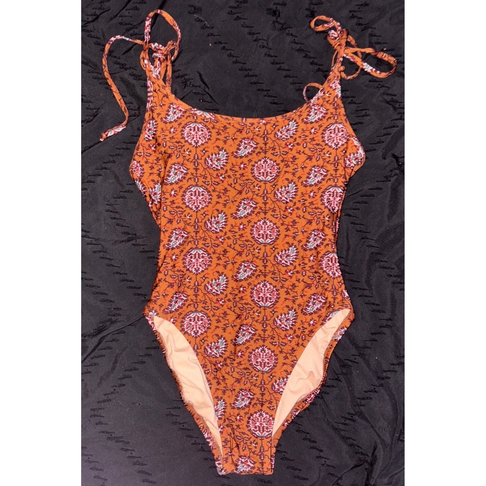 Madewell Rust Orange Boho Medallion One-Piece Swimsuit Tie Straps, Size 0